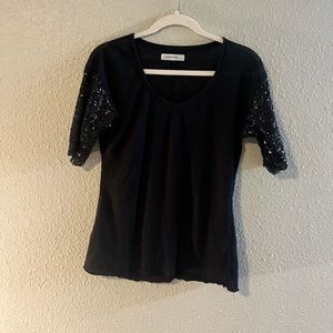 Annie Bing Womens Top Black Short Sleeve Scoop Neck Sequin Sleeves Linen XS‎